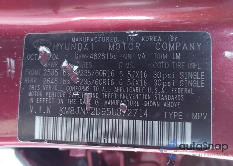 2005 Hyundai Tucson Gls/Lx from USA, damaged, VIN KM8JN72D95U072714